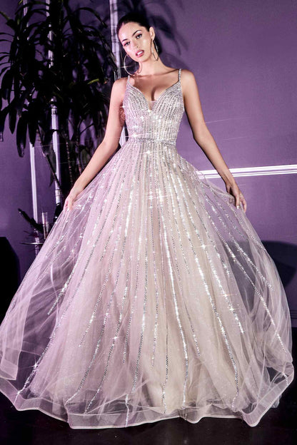 Cinderella Divine CD940 Stunning A-Line Ball Gown Glitter Tulle Long V-back