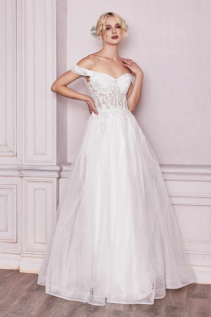 Cinderella Divine CD961W Long Lace Off the Shoulder Bridal Gown