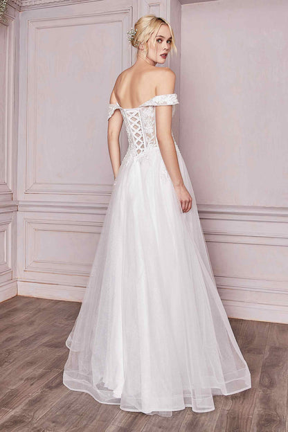 Cinderella Divine CD961W Long Lace Off the Shoulder Bridal Gown