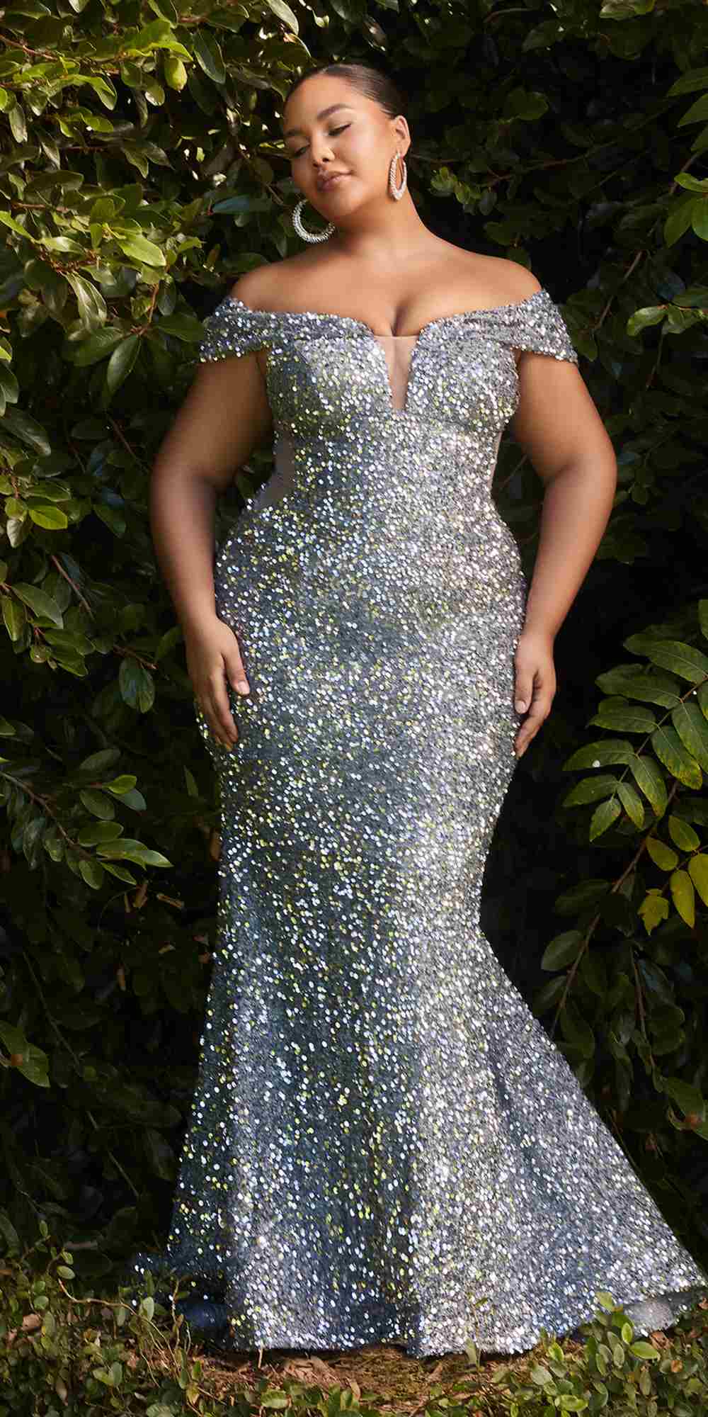 Cinderella Divine CD975 Vestido Largo de Fiesta de Sirena con Lentejuelas y Hombros Caídos