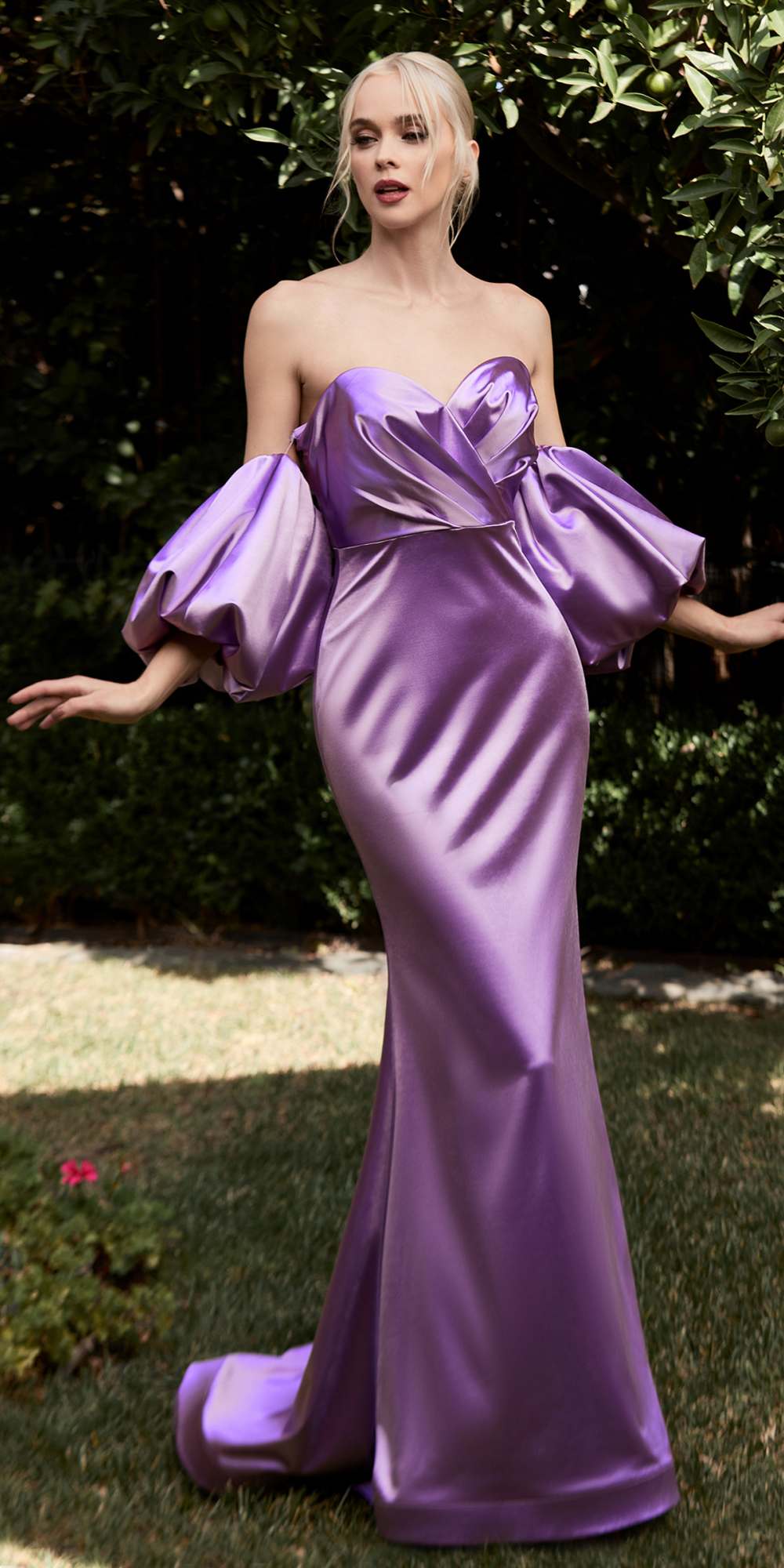Cinderella Divine CD983 Long Fitted Satin Gown with Puff Sleeve
