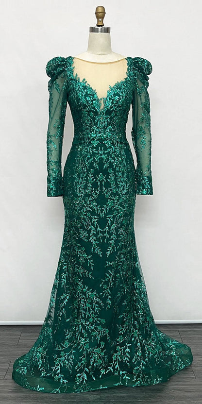 Ladivine CD989 Floor Length Glitter Print Dress with Long Sleeves