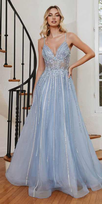 Cinderella Divine CD994 Long A-Line Beaded Tulle Gown Lace Detail V-Neck
