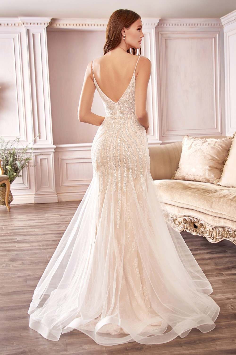 Cinderella Divine CDS401 Long Beaded Hourglass Mermaid Wedding Dress V-Neck