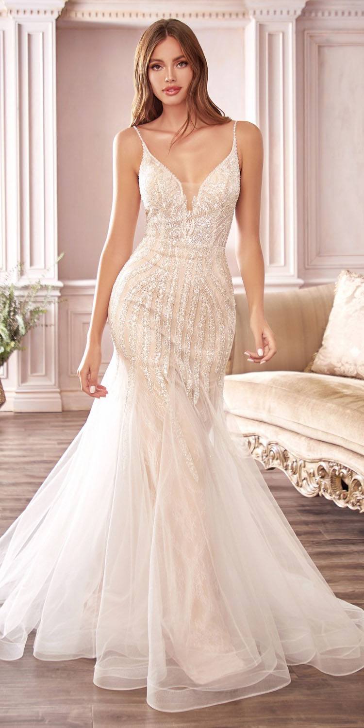 Cinderella Divine CDS401 Long Beaded Hourglass Mermaid Wedding Dress V-Neck