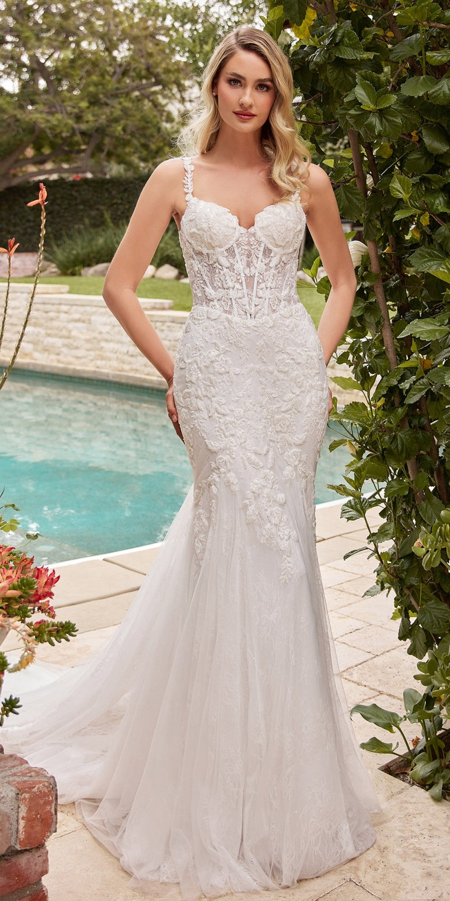 Ladivine CDS432W Mermaid Light Tulle Overlay Over Chantilly Lace Wedding Gown