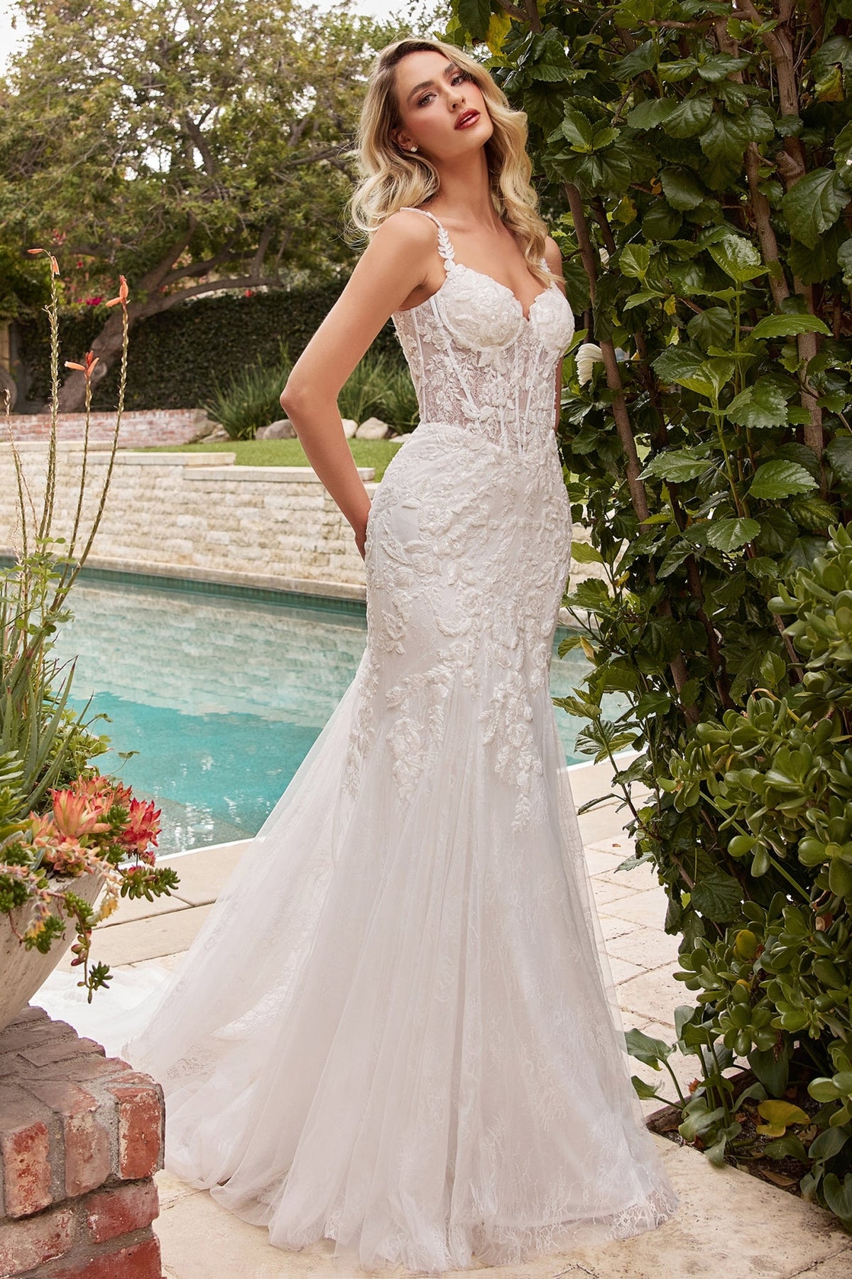 Ladivine CDS432W Mermaid Light Tulle Overlay Over Chantilly Lace Wedding Gown
