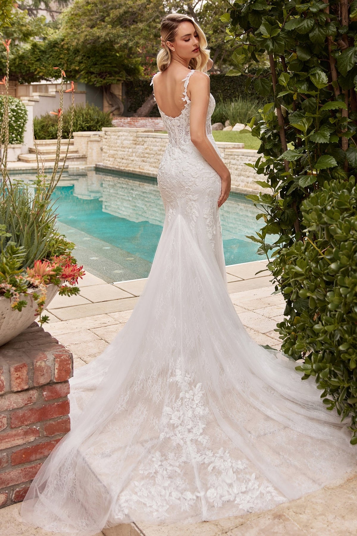 Ladivine CDS432W Mermaid Light Tulle Overlay Over Chantilly Lace Wedding Gown