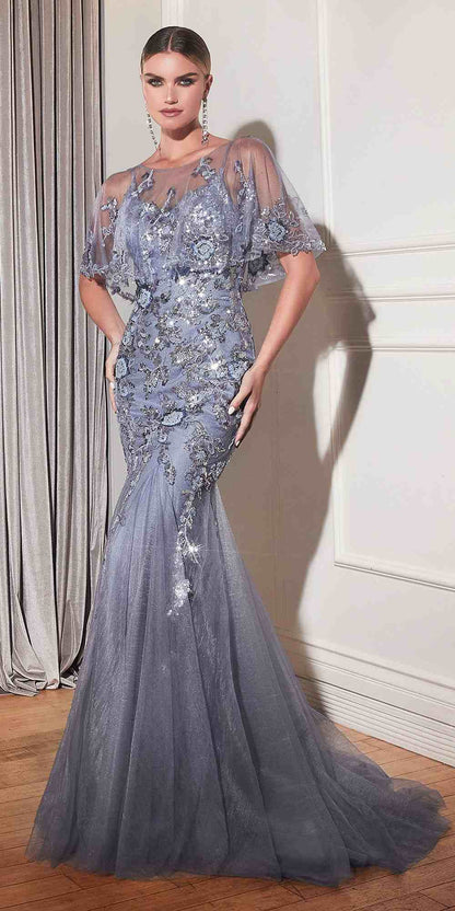 Cinderella Divine CDS438 Long Beaded Mermaid Gown Removable Short Sleeve Capelet