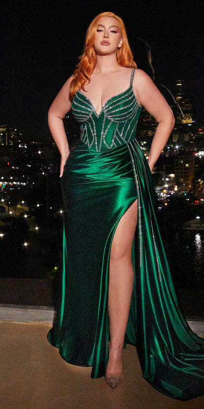 Cinderella Divine CDS440 Floor Length Stretch Satin Sheer Bodice Sexy Gown