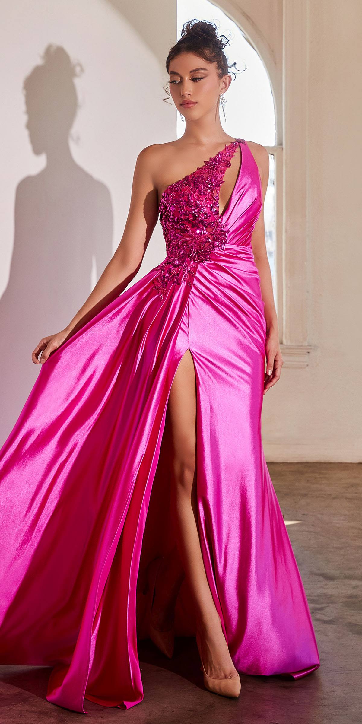 Ladivine CDS454 Floor Length One Shoulder Keyhole Bodice Leg Slit Satin Gown