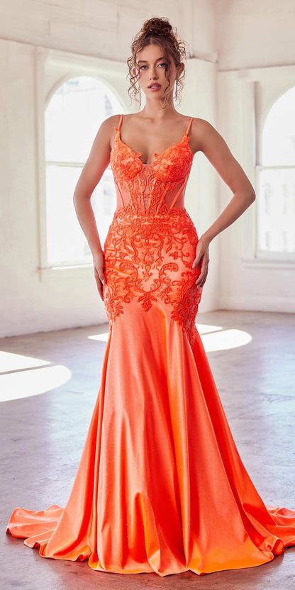 Ladivine CDS470 Long Stretch Satin and Glitter Boned Mermaid Gown