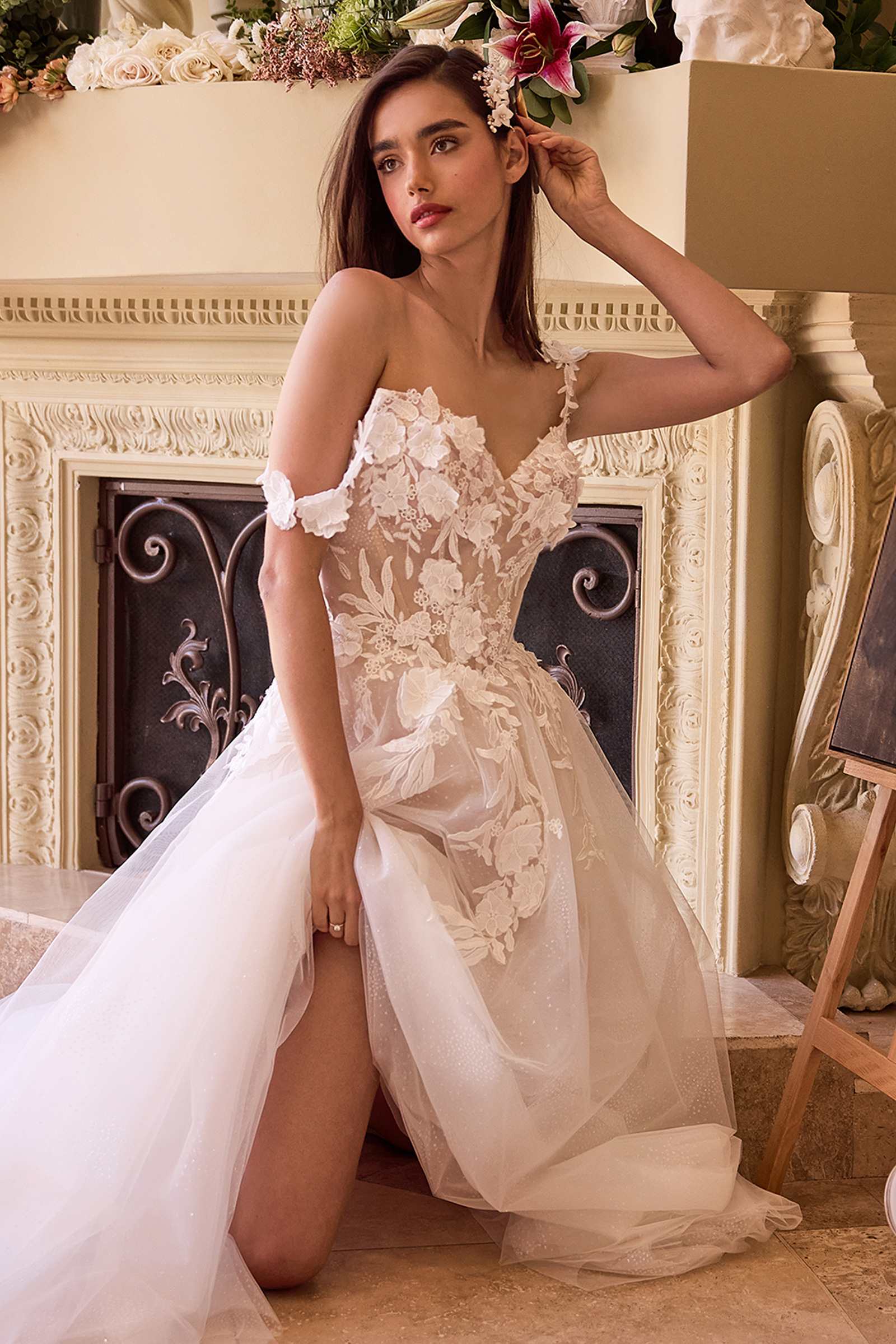 Ladivine CDS498W Lace Appliqued A-Line Tulle Wedding Dress