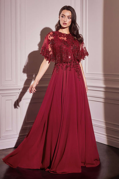 Ladivine CDS503 Dress Chiffon A-Line Beaded Lace Bodice Removable Cape