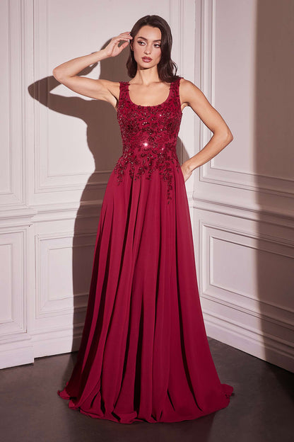 Ladivine CDS503 Dress Chiffon A-Line Beaded Lace Bodice Removable Cape