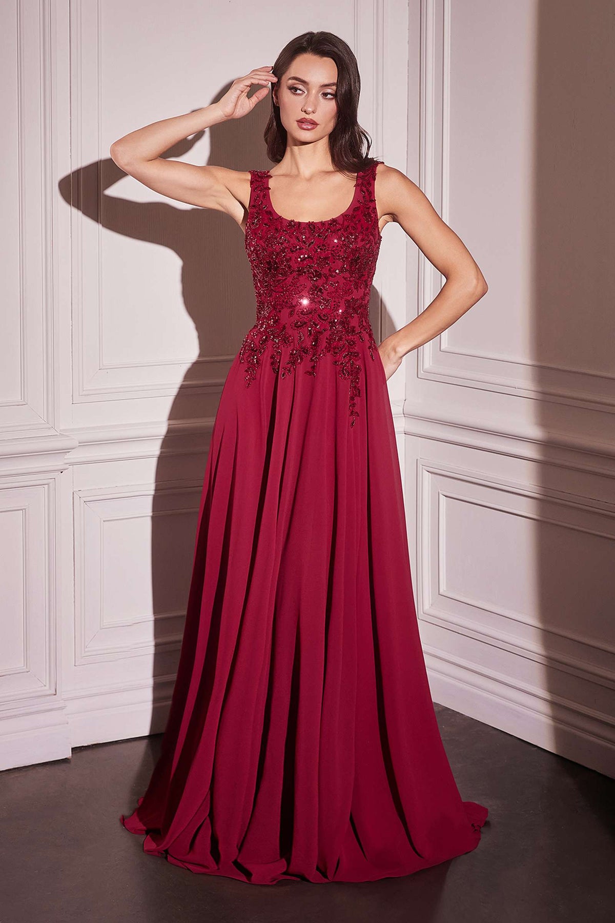 Ladivine CDS503 Dress Chiffon A-Line Beaded Lace Bodice Removable Cape