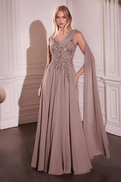 Ladivine CDS509 Dress Chiffon A-Line Gown & Long Cape Sleeves