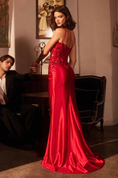 Ladivine CDS535 One Shoulder Satin Dress With Lace Applique
