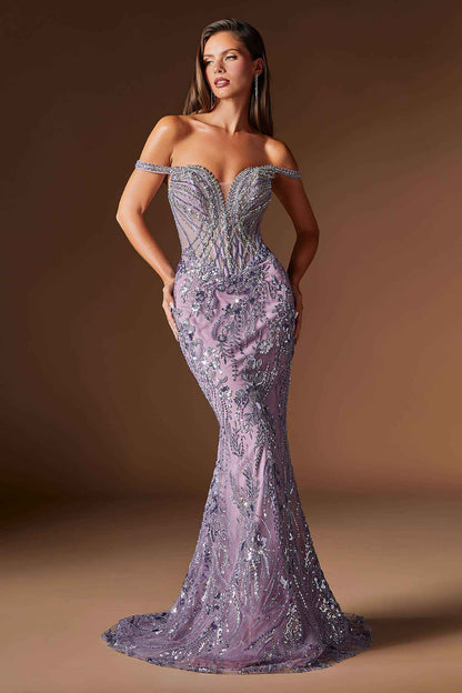 Ladivine CDS570 Fitted Formal Off Shoulder Gown with Detachable Skirt