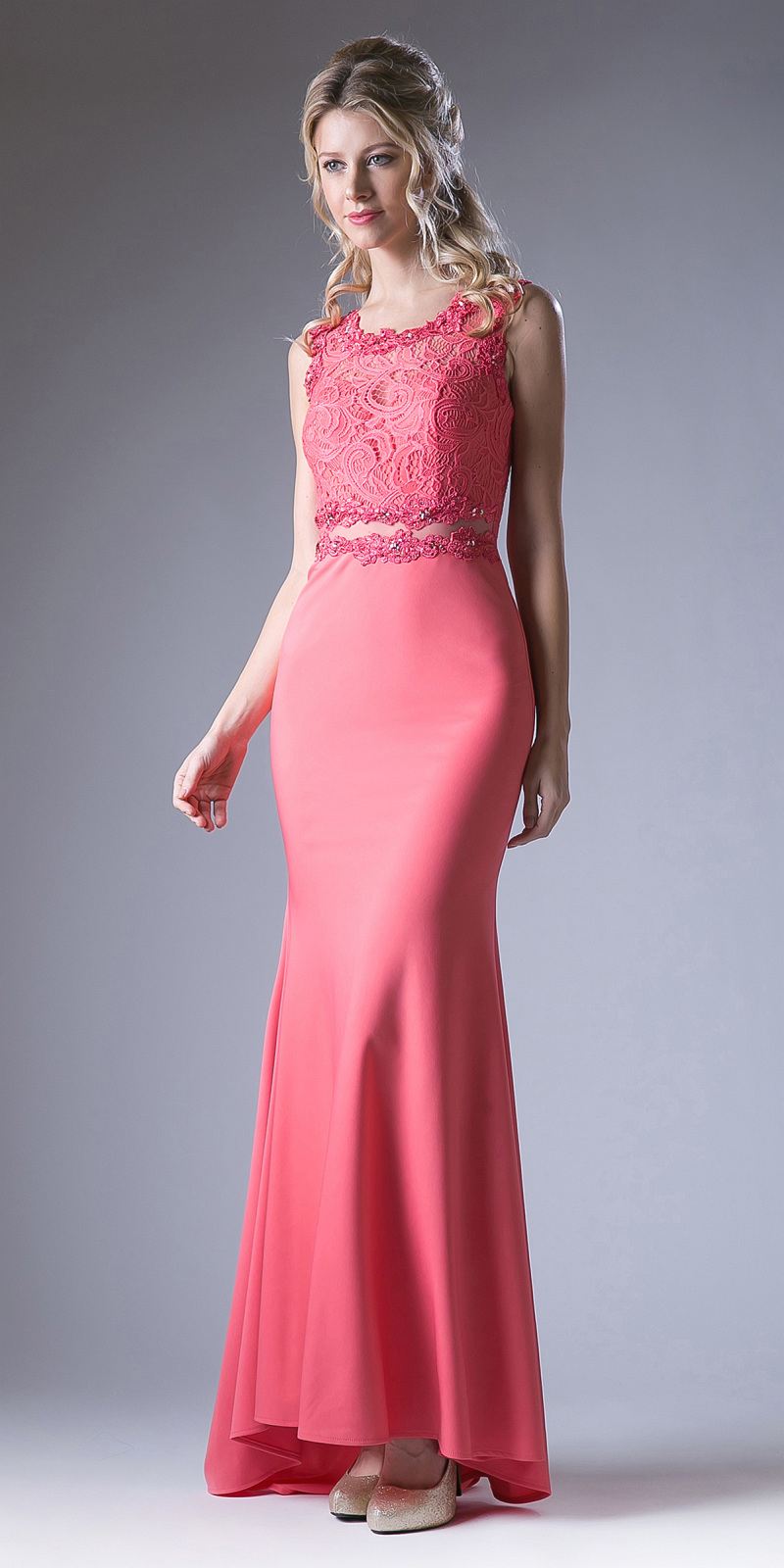 Cinderella Divine CF115 Long Lace Bodice Stretch Knit Sheath Dress Sleeveless