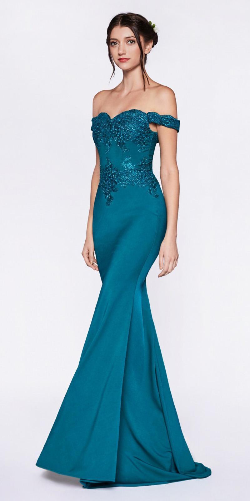 Cinderella Divine CF158 Off Shoulder Floor Length Evening Gown Applique Bodice