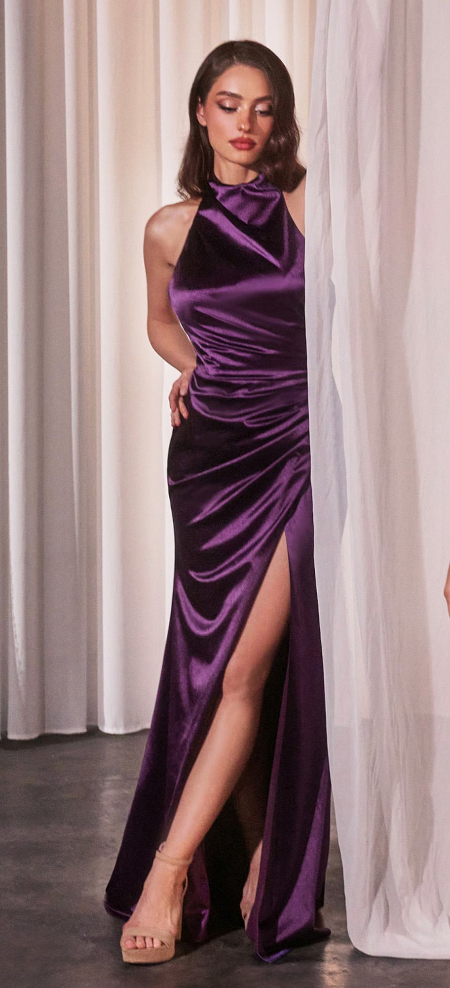 Ladivine CH031 Long Halter Satin Fitted Formal Dress