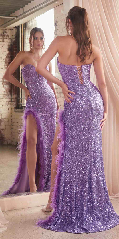 Ladivine CH061 Long Strapless Sweetheart Sequin Gown Side Leg Slit