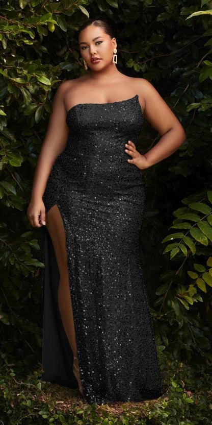 Cinderella Divine CH165 Long Strapless Asymmetrical Fitted Sequin Gown