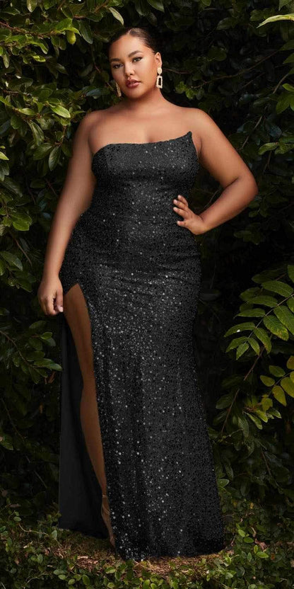 Cinderella Divine CH165C Long Strapless Asymmetrical Fitted Sequin Gown