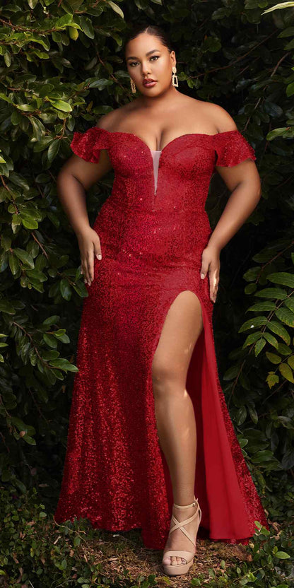Cinderella Divine CH167 Long Off the Shoulder Sequins Dress with Slit