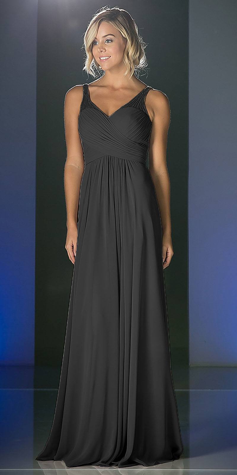 CLEARANCE - Ladivine CJ214 Long Chiffon Dress V-Neck Pleated Bodice (Size 4)