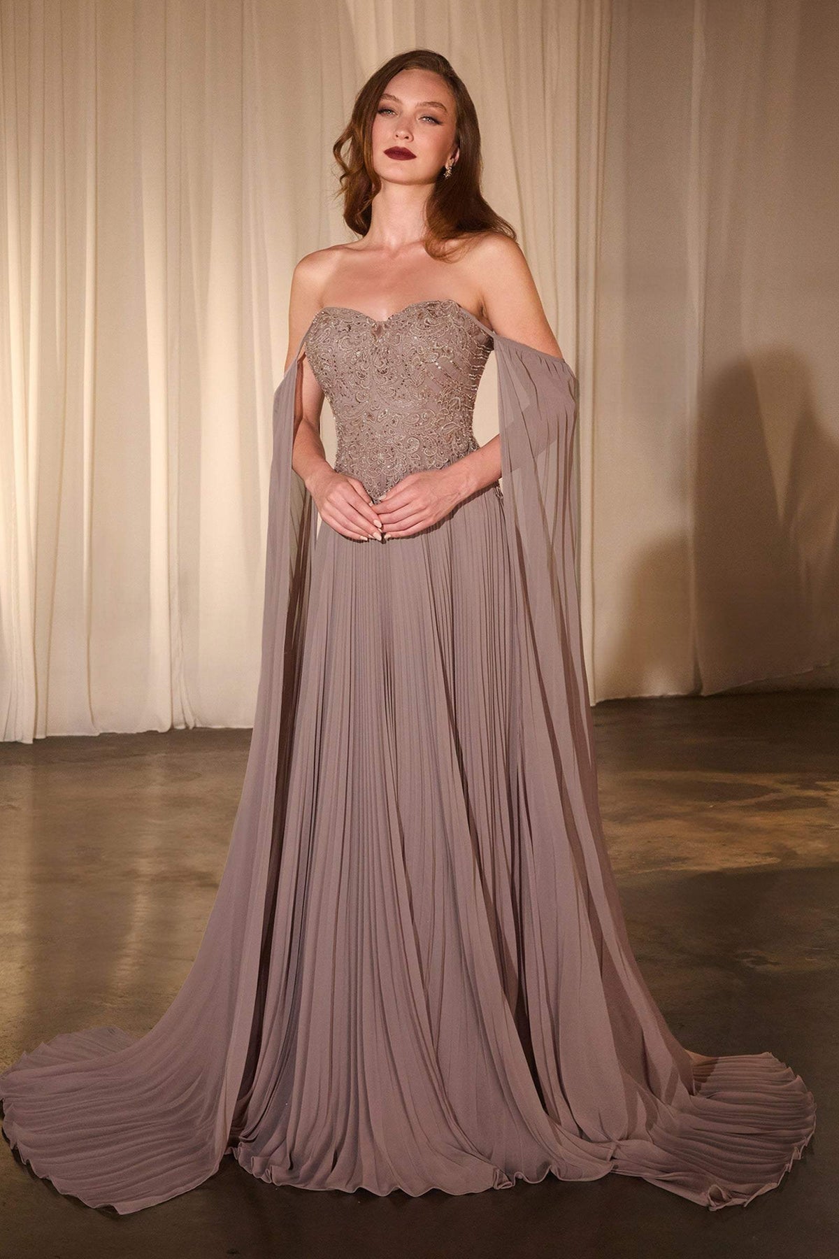 Ladivine CJ937 Pleated A-Line Gown With Cape Sleeves