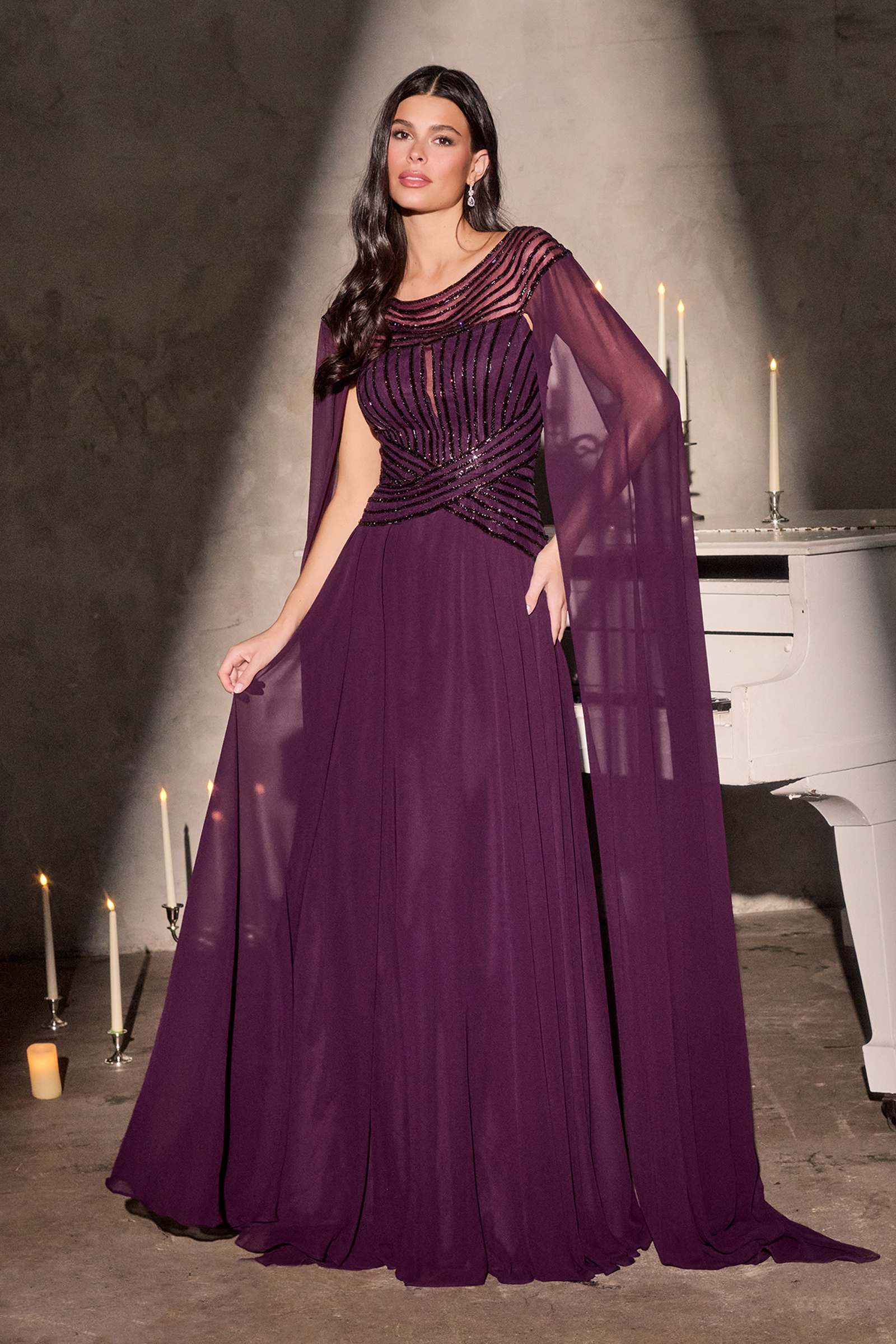 Ladivine CL08 Long A-Line Chiffon Flowing Cape Evening Gown
