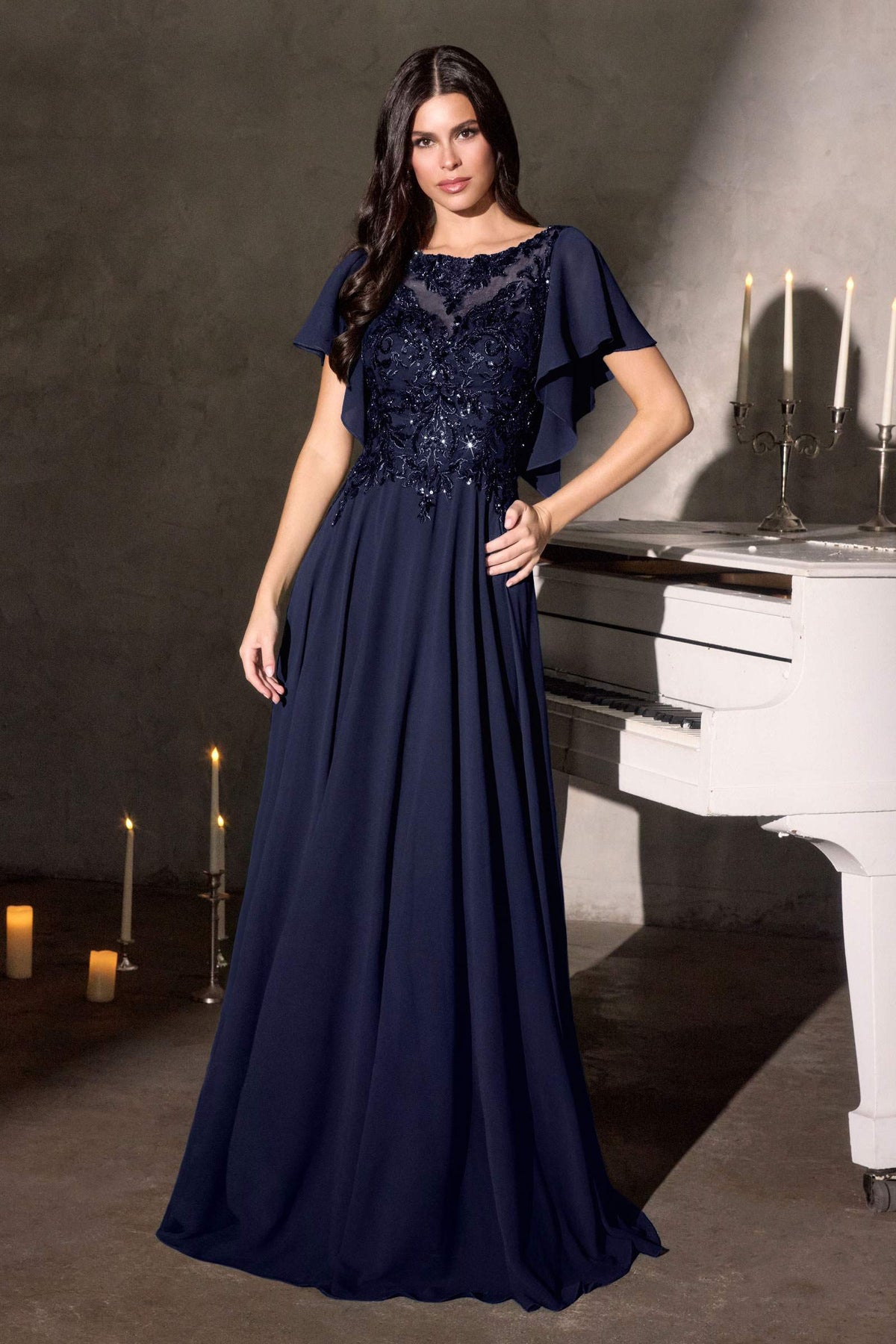 Ladivine CL09 Flutter Sleeve Illusion Neck A-Line Chiffon Gown