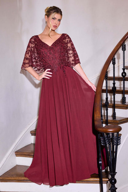 Ladivine CL10 Mother of the Bride V-Neckline Lace Bodice A-Line Gown