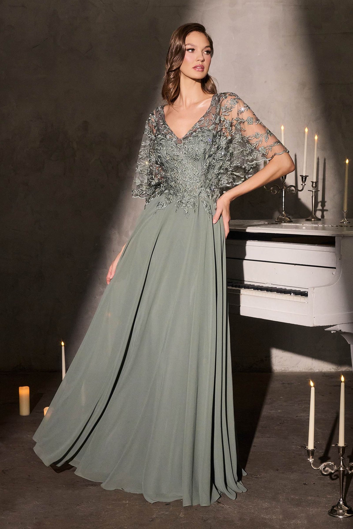 Ladivine CL10 Mother of the Bride V-Neckline Lace Bodice A-Line Gown