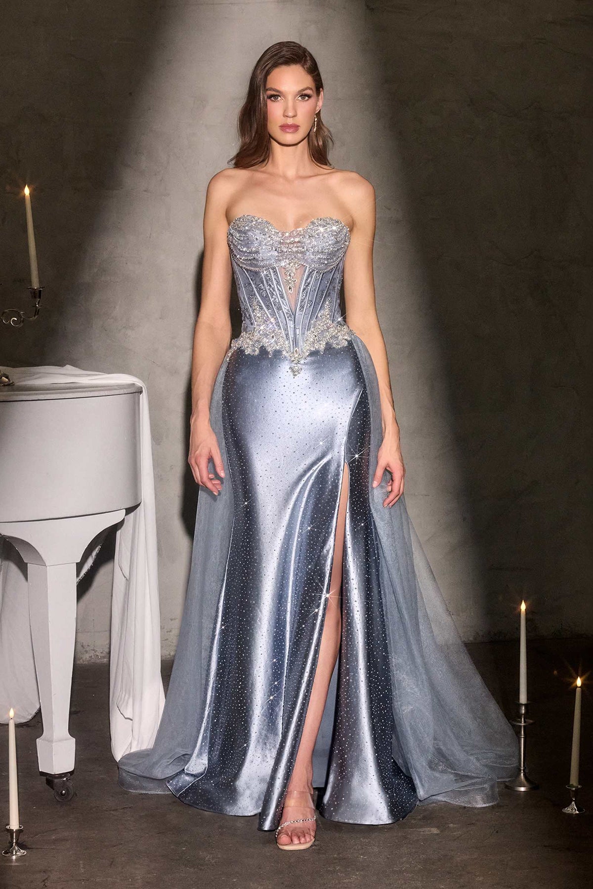 Ladivine CM392 Strapless Corset Bodice Sparkling Beading Fitted Satin Gown