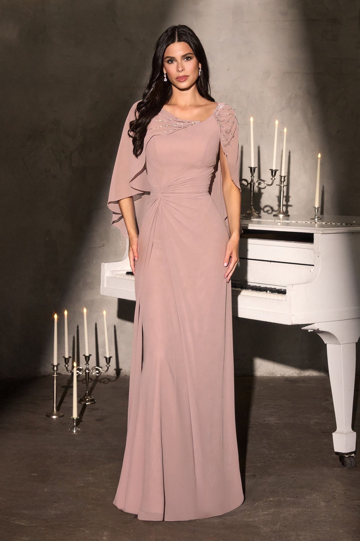 Ladivine CR884 Cape Sleeve Soft Flowing Chiffon MOB Dress