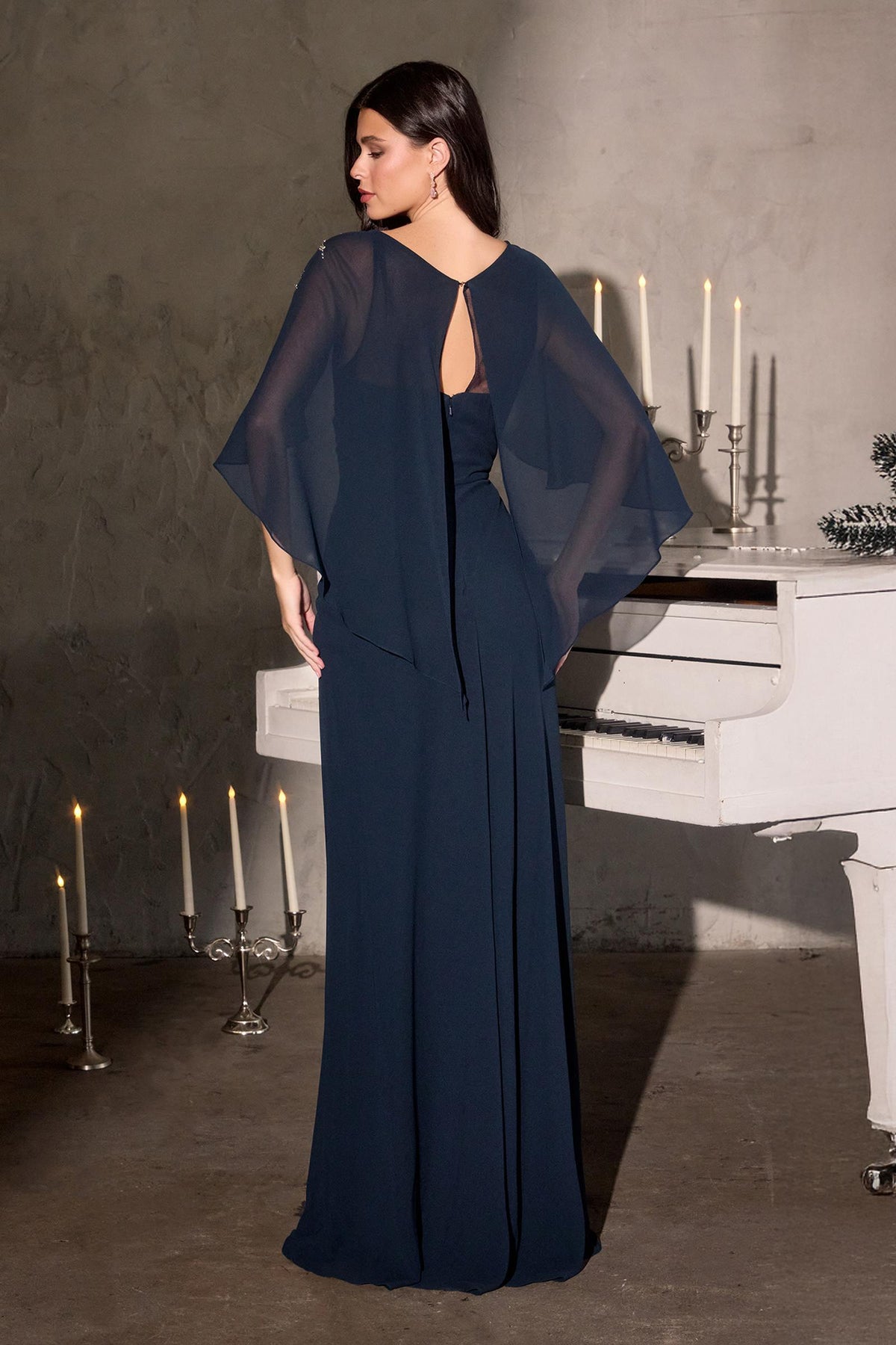 Ladivine CR884 Cape Sleeve Soft Flowing Chiffon MOB Dress