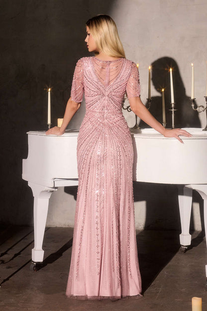 Ladivine CR887 Scoop Neck Flutter Sleeve Beaded Tulle Overlay Formal Gown