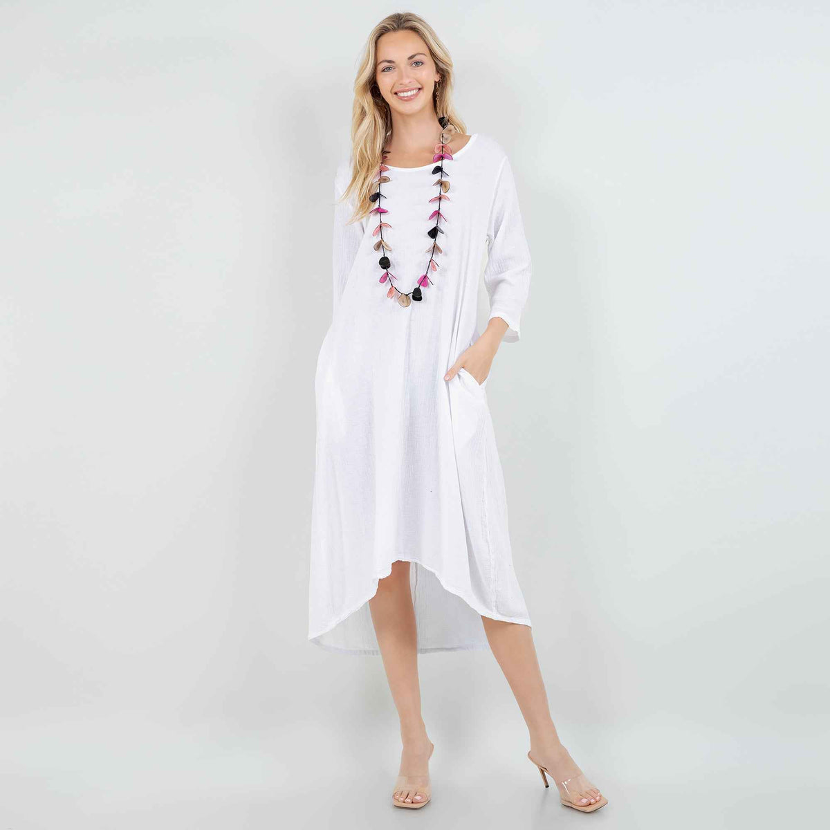 Ellen Our Hi-Low Cotton Gauze Dress with Sleeves and Pockets