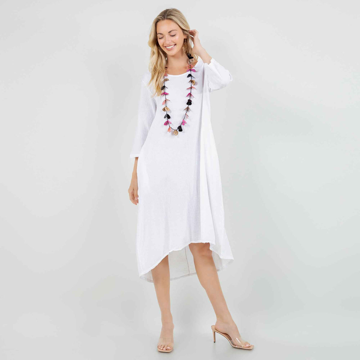 Ellen Our Hi-Low Cotton Gauze Dress with Sleeves and Pockets