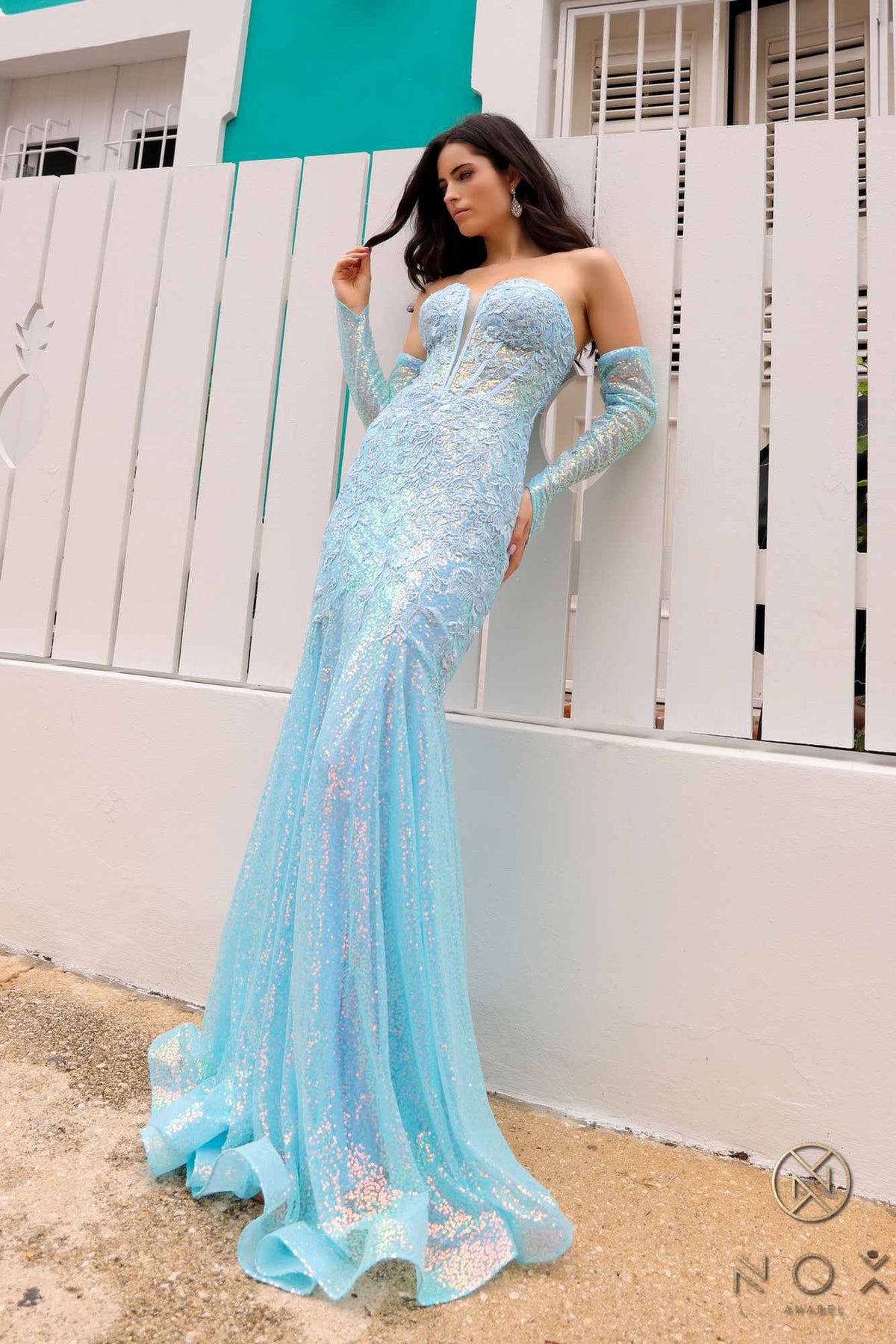 Nox Anabel D1263 Vestido Largo de Sirena sin Tirantes con Lentejuelas y Guantes Desmontables
