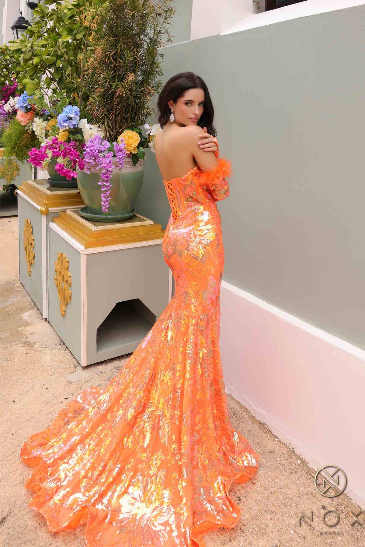 Nox Anabel D1269 Vestido de Noche Sirena con Lentejuelas Florales y Mangas Largas Desmontables