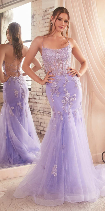 Ladivine D145 Long Sparkly Mermaid Gown Tulle Skirt Corset Back