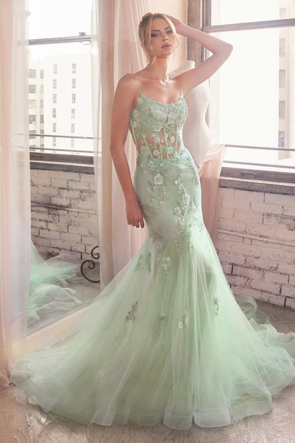 Ladivine D145 Long Sparkly Mermaid Gown Tulle Skirt Corset Back