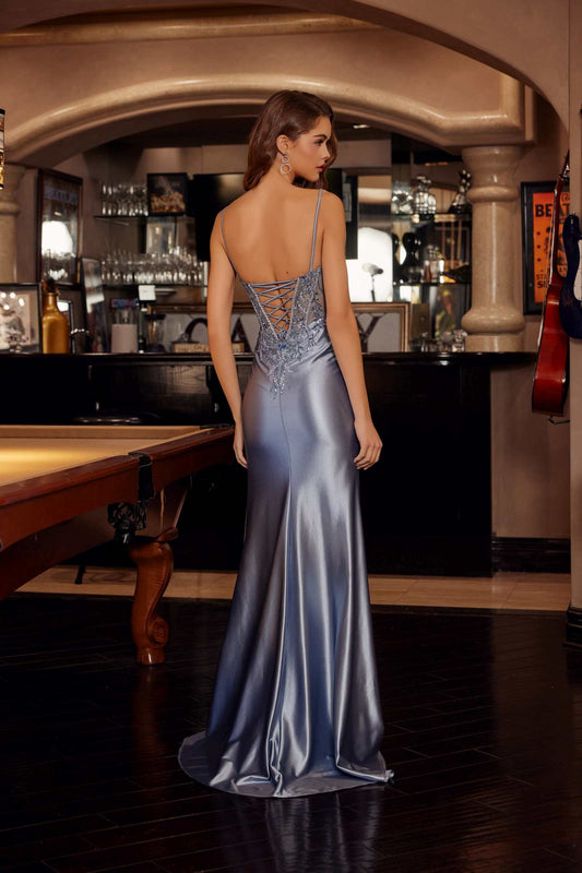 Nox Anabel D1766 Shiny Satin Prom Gown Plunging V-Neckline