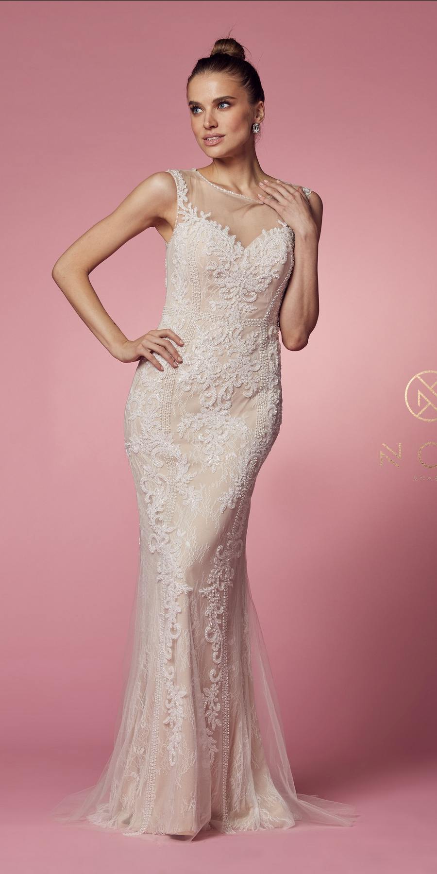 Nox Anabel E1006 Vestido Formal Ajustado de Encaje Tipo Vaina con Escote Ilusión