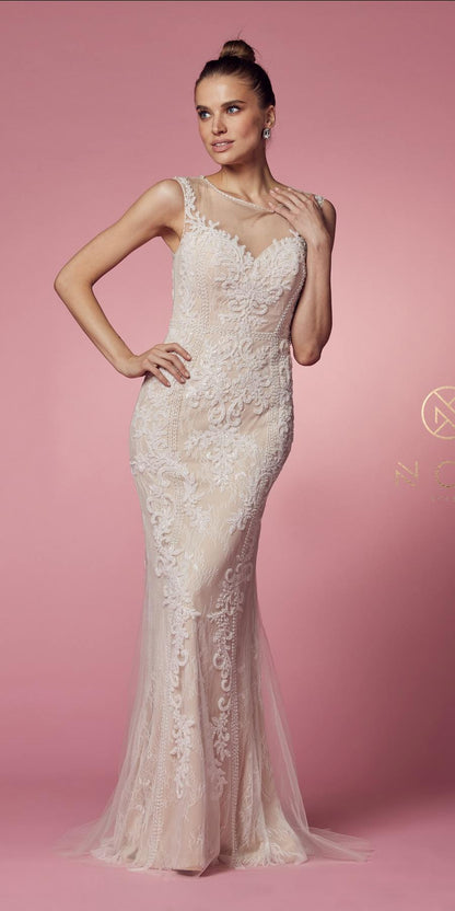 Nox Anabel E1006 Fitted Sheath Formal Lace Dress with Illusion Neckline