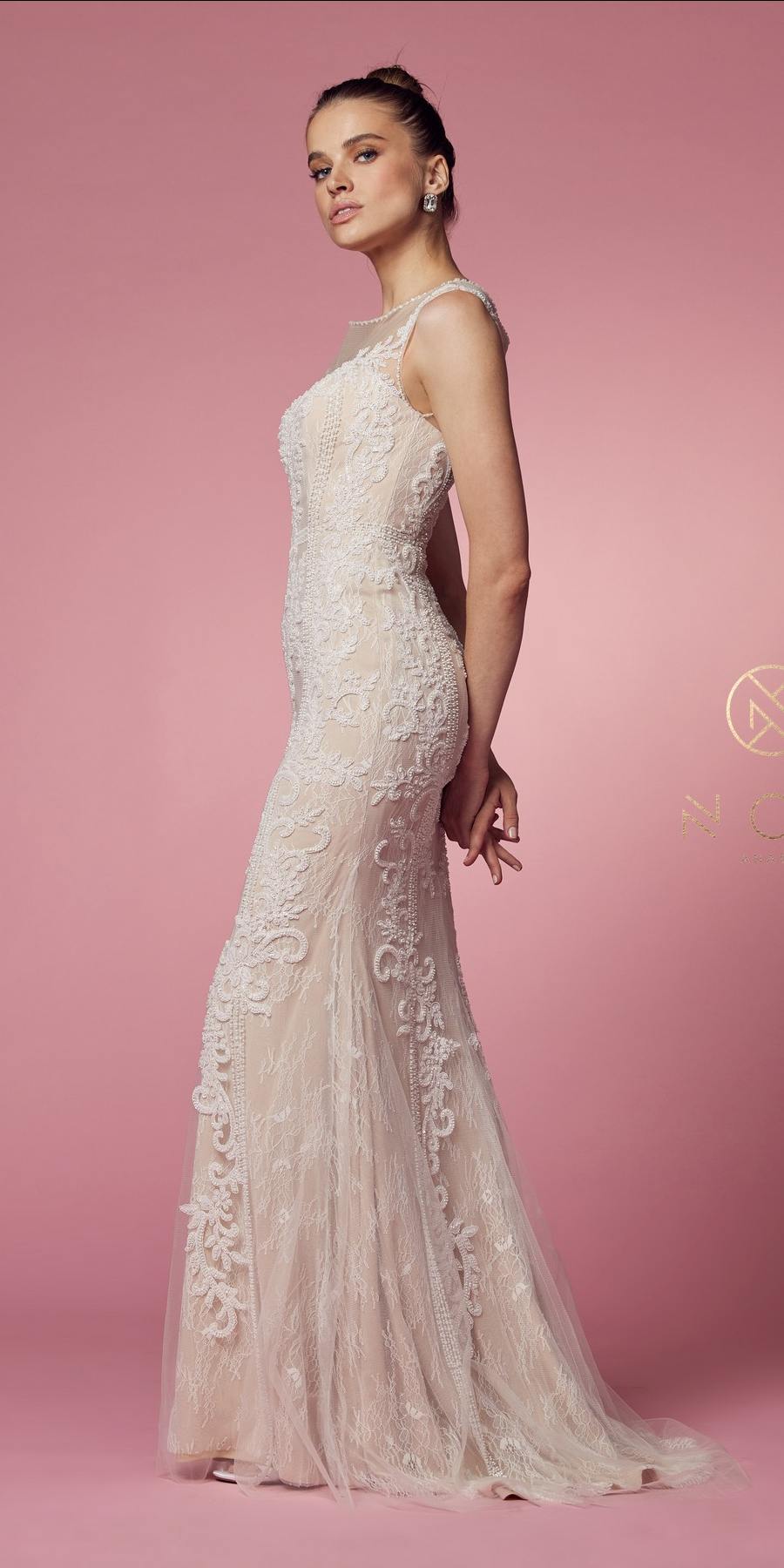 Nox Anabel E1006 Vestido Formal Ajustado de Encaje Tipo Vaina con Escote Ilusión